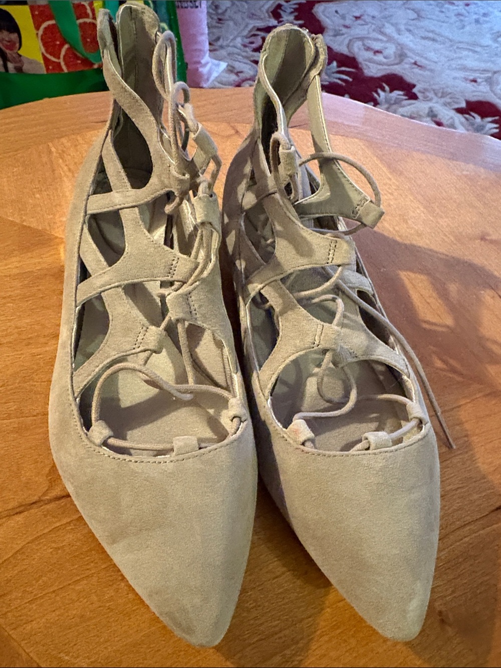 Rockport Taupe Lace-Up Pointed Ballet Flats